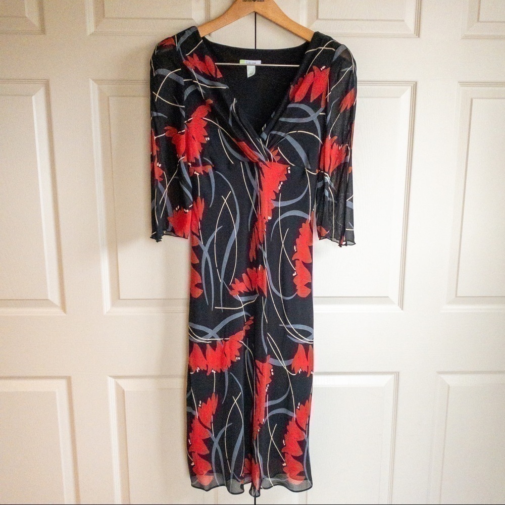Citrine Dress Black Red Floral Print Midi Long Sheer Ruffle Hem Womens Size 12